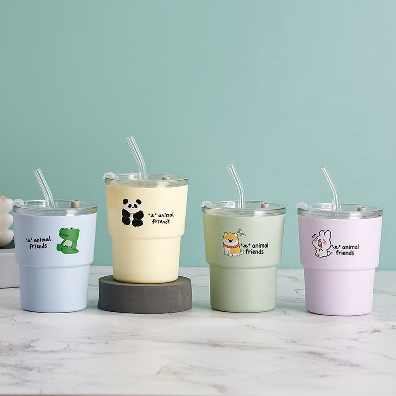Cartoon double-walled glass straw cup - stylish office water bottle, trendy coffee mug, promotional gift cup