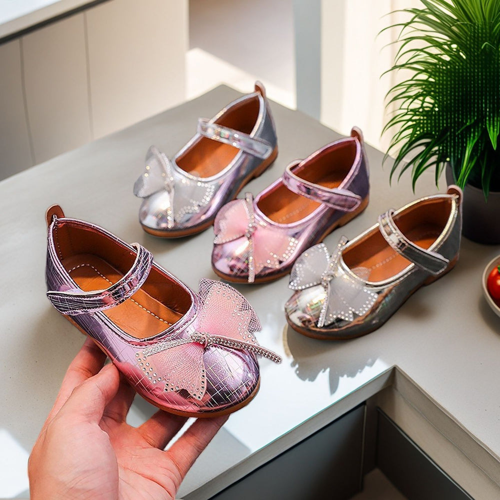 Girls'  spring bowknot soft-soled princess leather shoes for mid-to-large children - wholesale from manufacturer, velcro closure, korean style kids' shoes