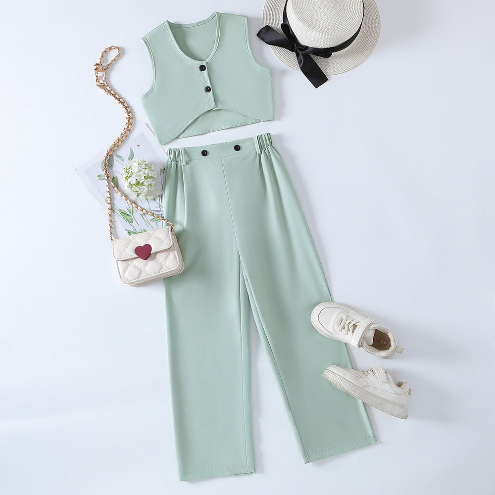 girl pure colortwo-piece setshortvestloose pants4 colorscasual style kidssummercasual pantssuit