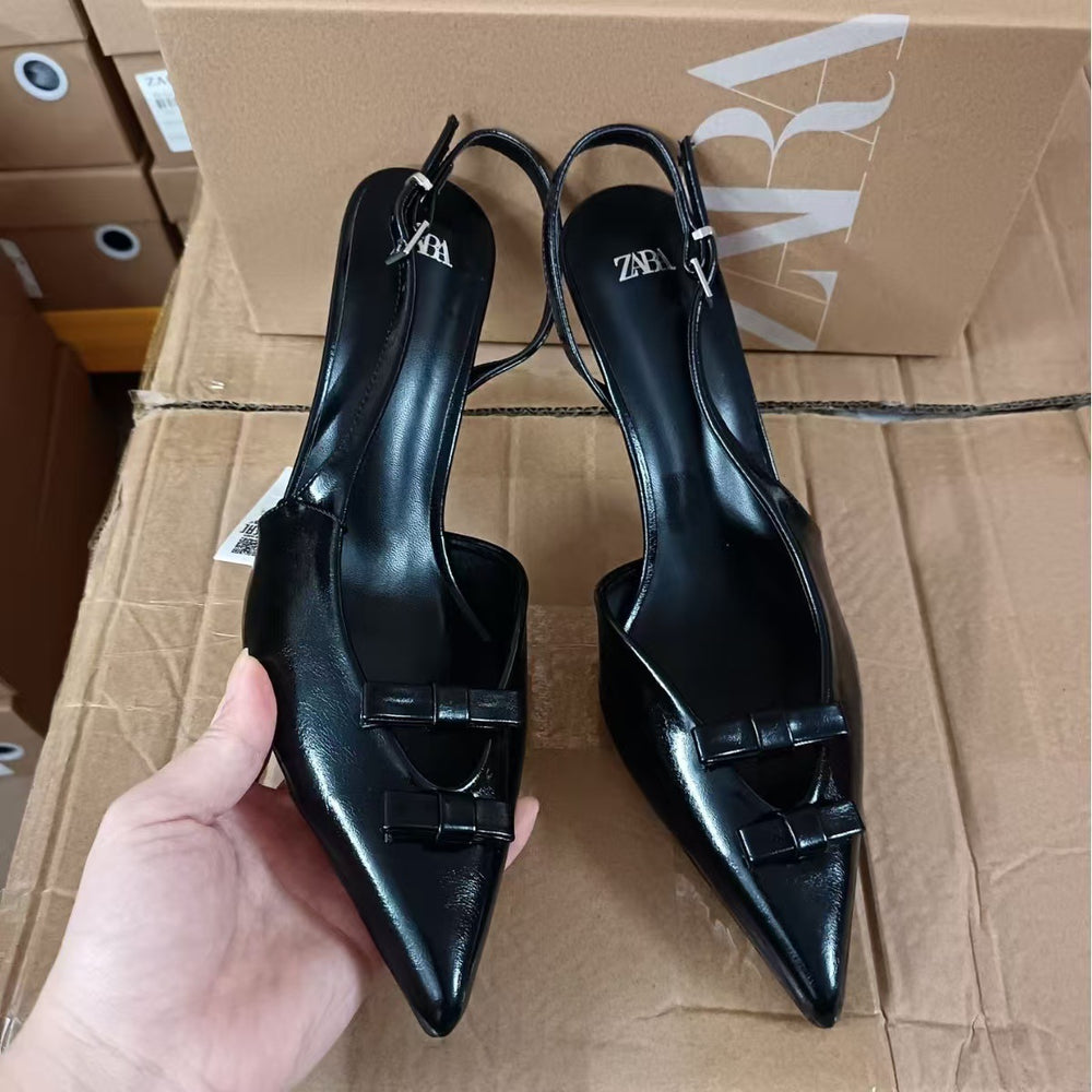 Za2024 early autumn new french style red pointed-toe bow heeled sandals women's stiletto closed-toe slingbacks