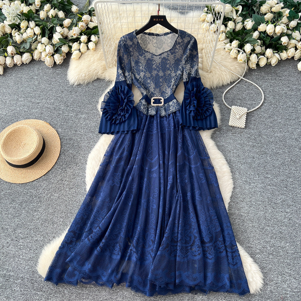Light mature style lace lantern sleeve cut outdress female stereo flower waist slimming look a-line skirt classy sense of elegant