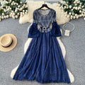 Light mature style lace lantern sleeve cut outdress female stereo flower waist slimming look a-line skirt classy sense of elegant
