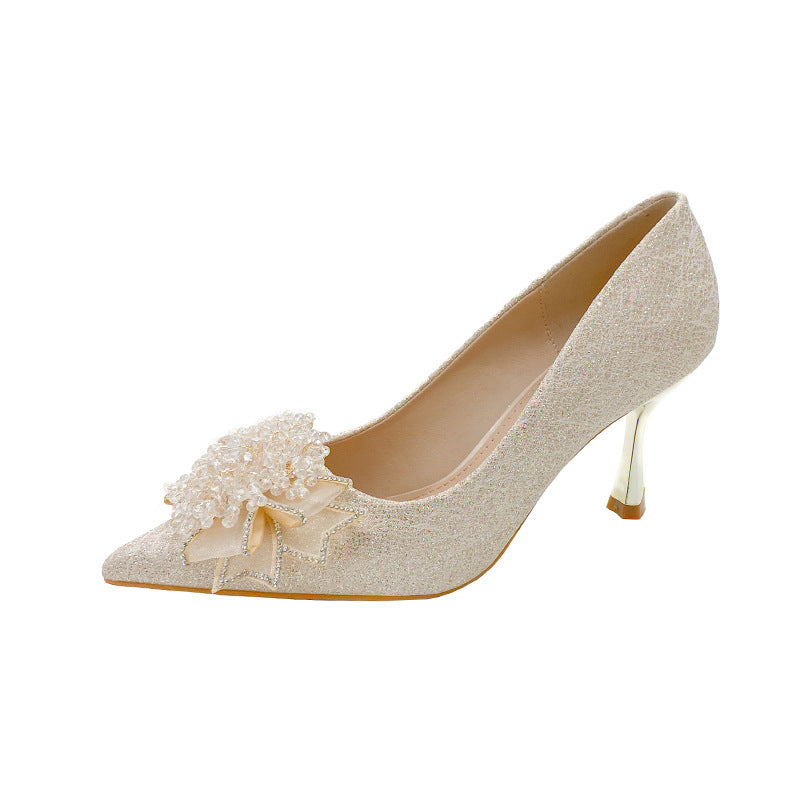 Wine glass and high heels women's 2025 spring new arrival wedding shoes engagement bridal wedding shoes stiletto heel french dinner shoes flats