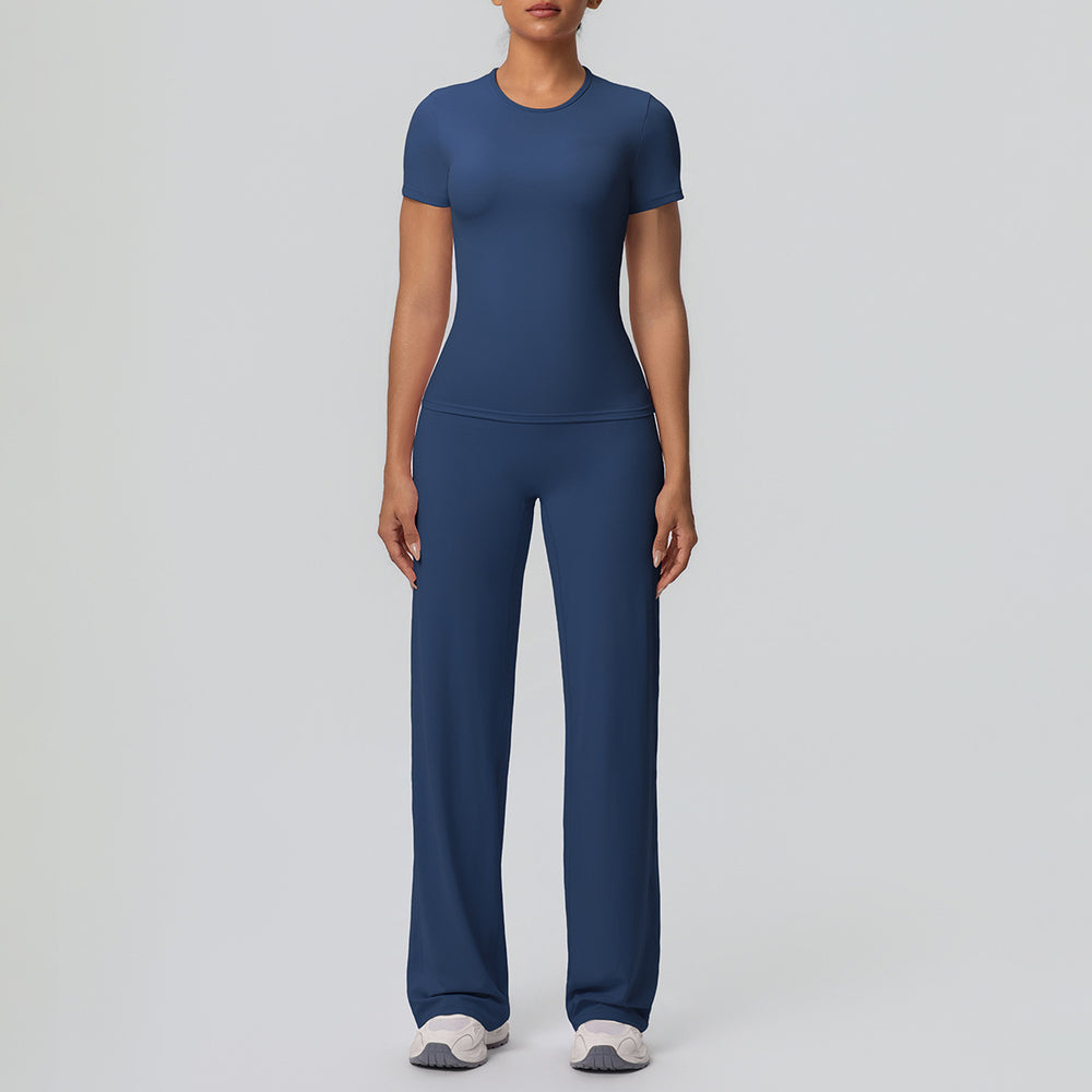 Cloud-feel outdoor casual sports short-sleeve yoga set - high-waisted, butt-lifting, straight-leg, wide-leg, quick-dry running & fitness outfit