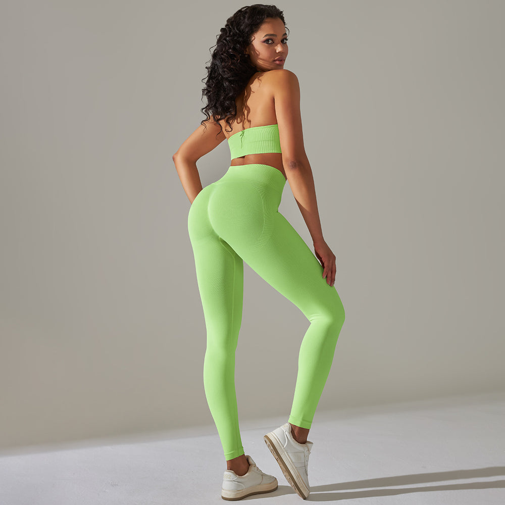 Spring/summer new solid color knitted seamless peach lift leggings with sports bra set - yoga & fitness apparel for women