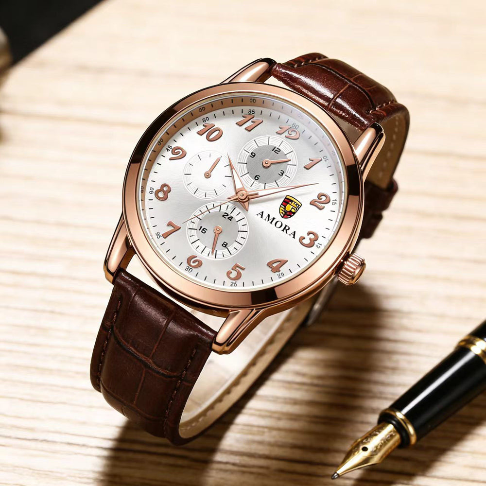 New arrival fully automatic men's fashion quartz watch belt watch middle school business men's watch mencasual chronograph watch