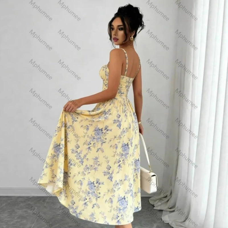 Amazon fashion sexy elegant spaghetti strap slit dress women's summer new arrival slimming a-line dress