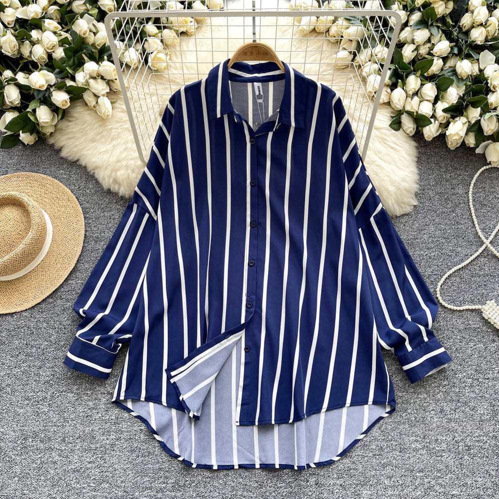 Long-sleeved striped shirt - women's autumn new arrivals, european & american style, casual, versatile, loose fit, slimming, mid-length, plus size, trendy blouse