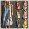 New european and american  fashion retro striped sleeveless crew neck cotton linen mini dress