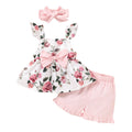 Baby girl summer outfit set: new european and american style, hot-selling sleeveless printed top + solid color lace-trimmed shorts with headband