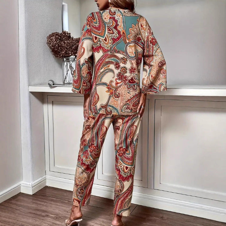 European and American   printed cardigan set women's long sleeves