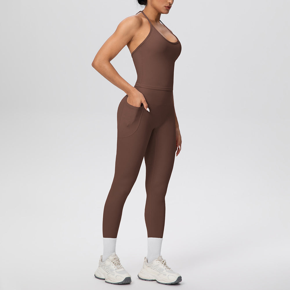 Cloud-feel quick-dry tie-up tank top & high-waisted pocket leggings activewear set - perfect for outdoor running, fitness, and yoga