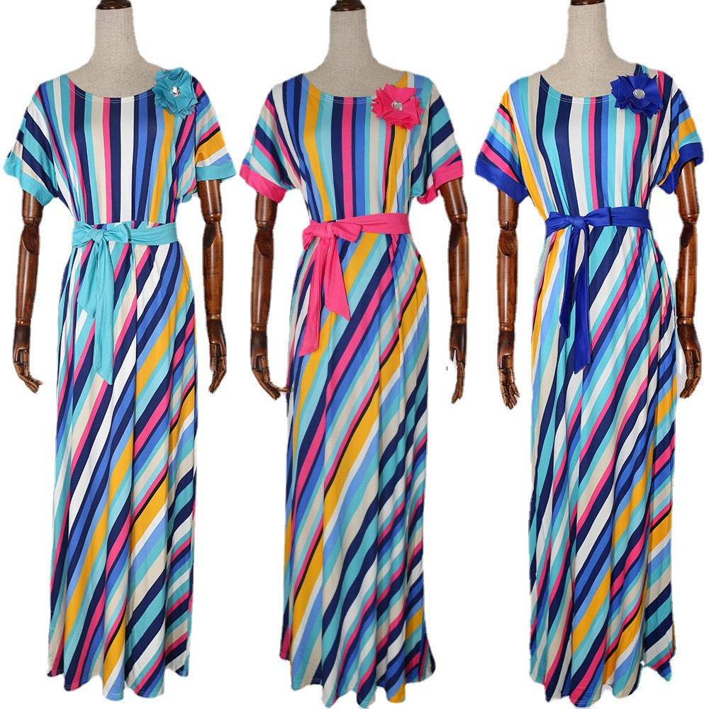 supply   colorful striped belt * floral chest african plus size women's dress