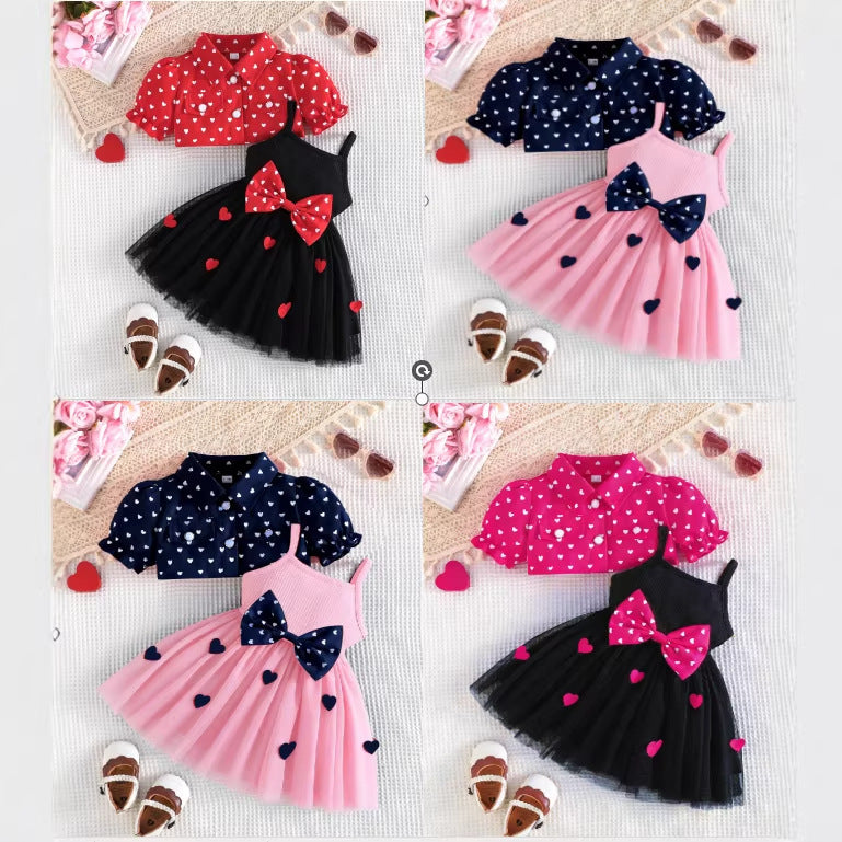 new european and american style girls' summer heart-shaped shawl suspender mesh dress embroidered heart set - two-piece dress set
