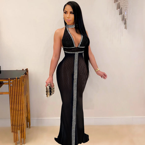 VK2319 European and American sexy, hot diamond sleeveless neck hanging perspective slim dress nightclub