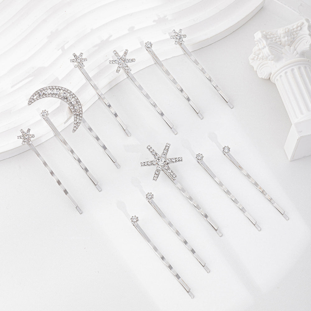 Wholesale alloy electroplated snap hair clips - european & american style cross-border jewelry, moon headwear, unique snowflake layered hair clip set for women