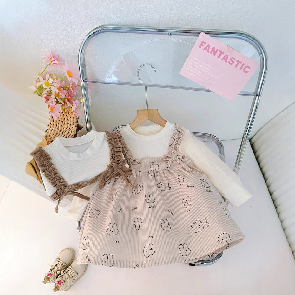 Girls' princess dress - new spring  collection: stylish two-piece look with cartoon rabbit design, cute and chic for baby girls