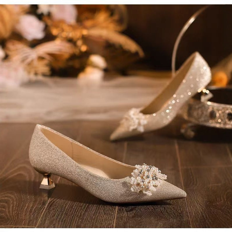 French sequin wedding shoes women 2025 new pointed toe low heel rhinestone bridal shoes