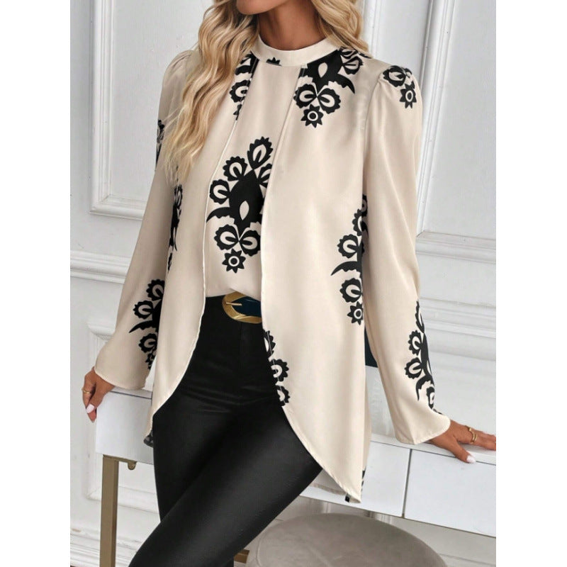 women's black floral print ribbed collar blouse with bubble sleeves and asymmetrical hem satin casual top