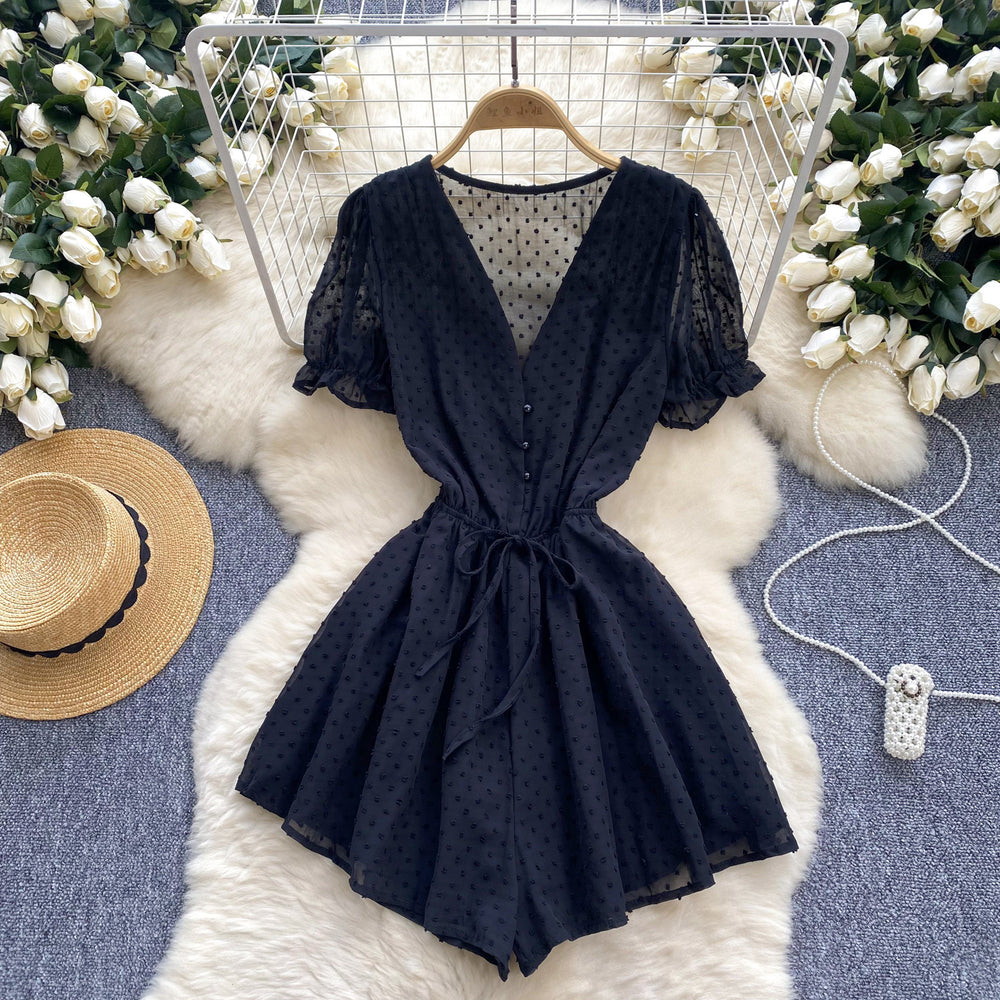 Women's jumpsuit beach vacation shorts summer new v-neck puff sleeve tie-waist versatile wide-leg shorts