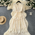 Korean style socialite retro short-sleeve dress - women's summer hollow-out crochet waist design - mature & chic midi dress