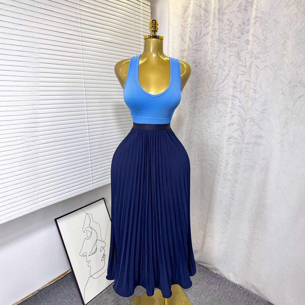K-stylehigh waist elastic waist pure colorpleated skirt a-line skirt slimming lookeasiest for matchwork clothing skirt