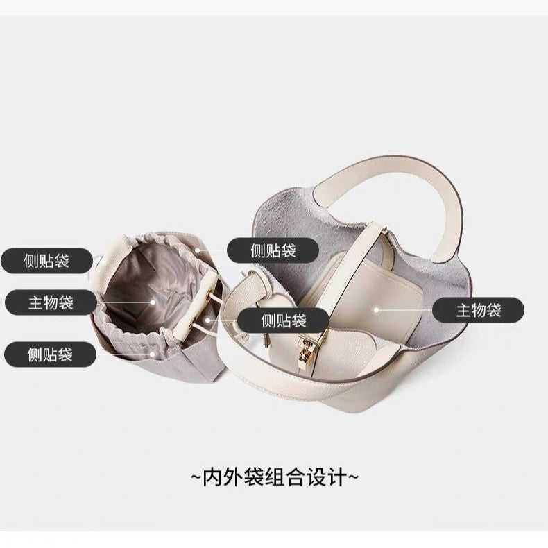 Tc pattern top layer cowhide 22cm large bucket bag vegetable basket women's bag genuine leather satchel bag wedding bag mommy women's bag