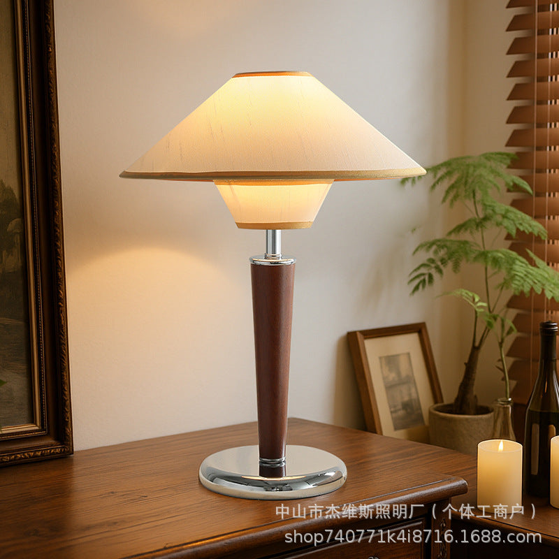 Vintage walnut double-layered conical fabric table lamp with linen shade - retro cream style for bedroom nightstand or study