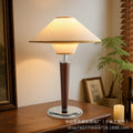 Vintage walnut double-layered conical fabric table lamp with linen shade - retro cream style for bedroom nightstand or study