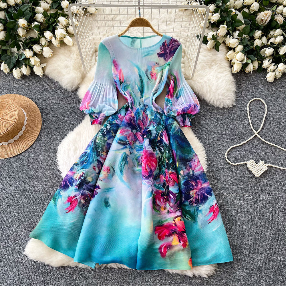 French romantic floral print dress - women's spring long sleeve slim fit a-line maxi dress - elegant, chic, and youthful