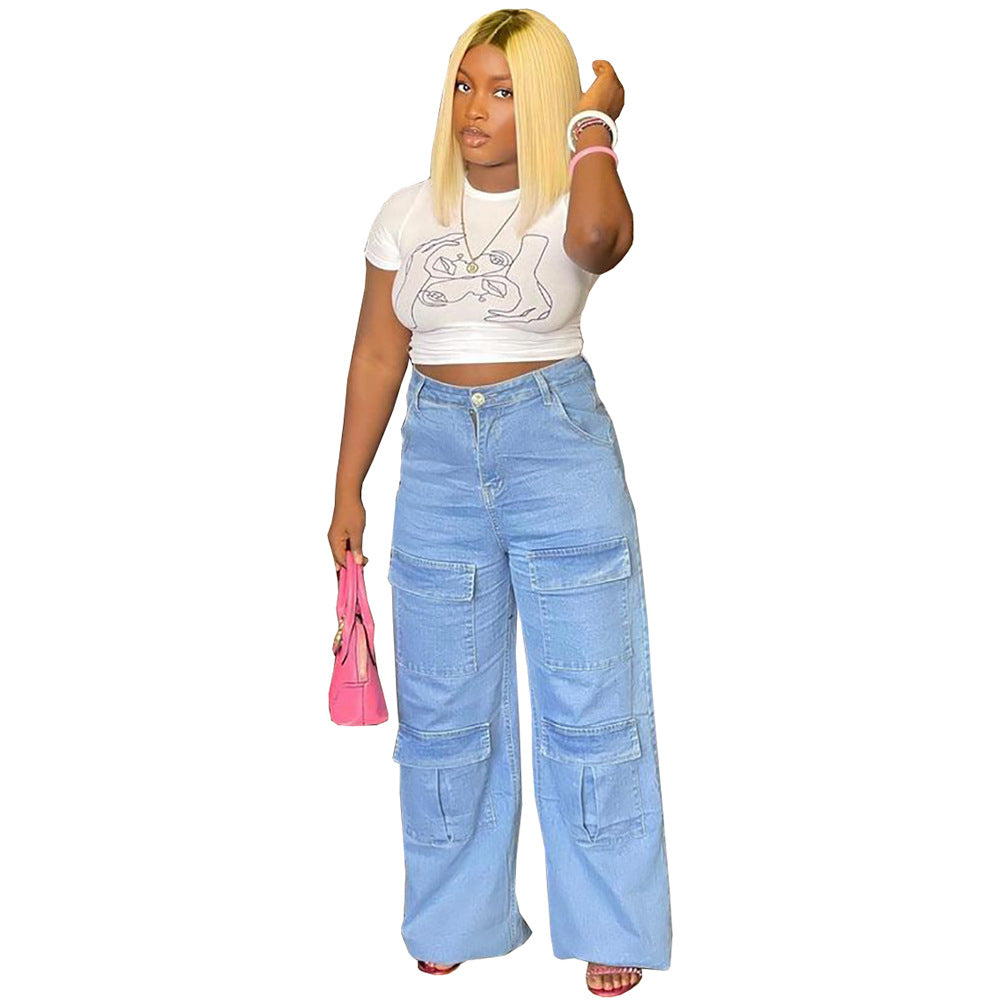 Fashionexport women's clothing  street trendy washed high waistjeans large flap pocket pantsloosecasualstraight-leg pants