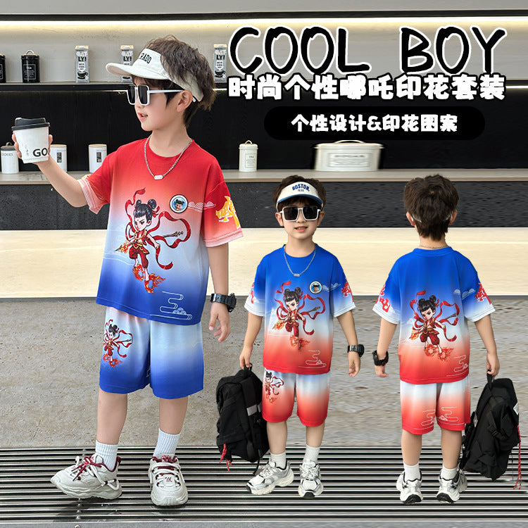 Summer little nezha short-sleeve set : new baby summer outfit, boys' sports two-piece set, quick-dry kids' clothing