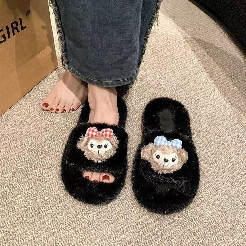 2025 trendy cute shirley mei fuzzy cotton slippers - women's winter outdoor wear, warm thick sole, indoor home slides