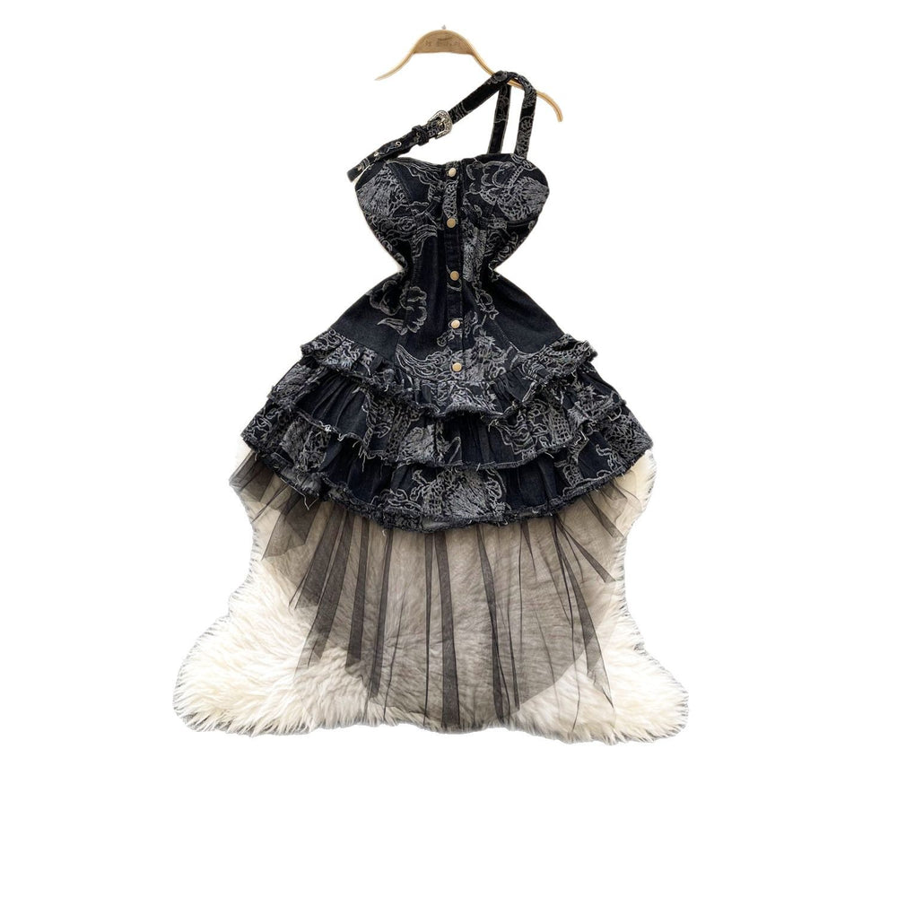 Fashion hot girl style denim tube topdress women's retro distressed tail design street small puffy skirt