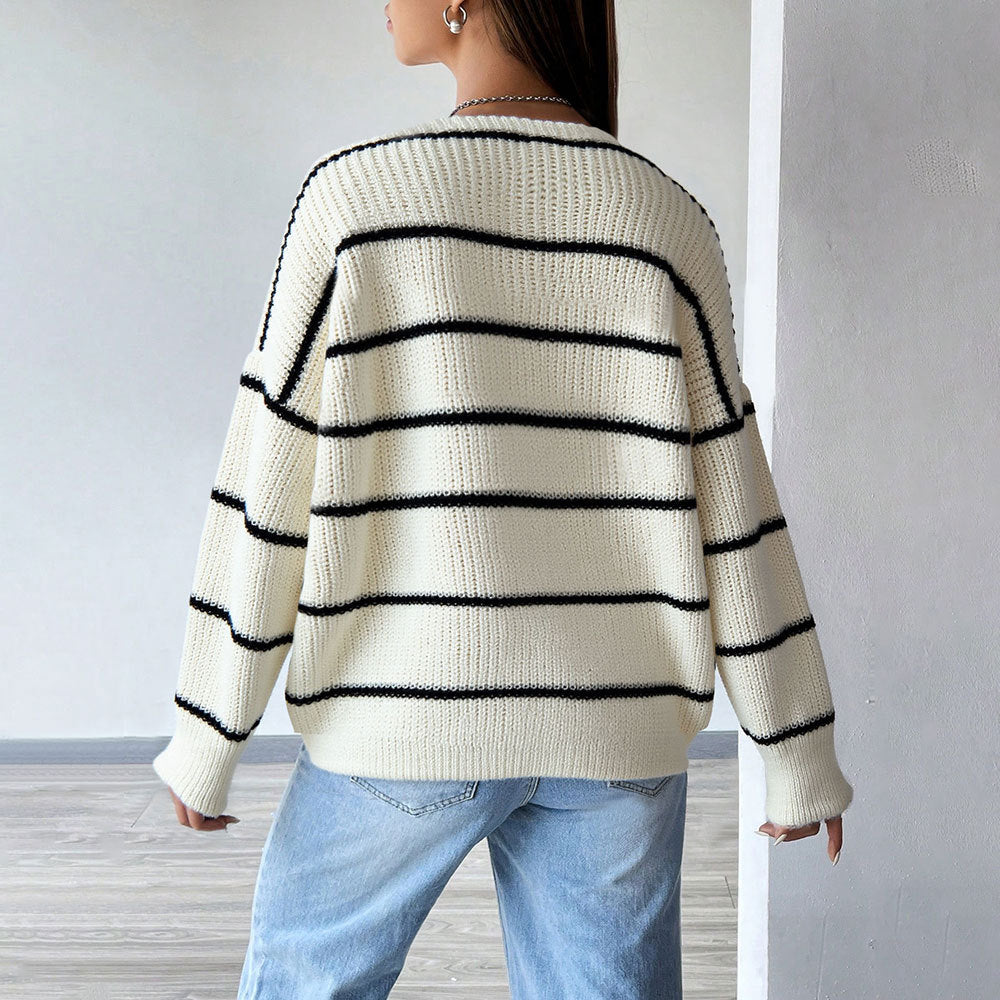 Cross-border new autumn and winter knitted cardigan striped contrasting colors lazy style loose thin big pocket versatile sweater