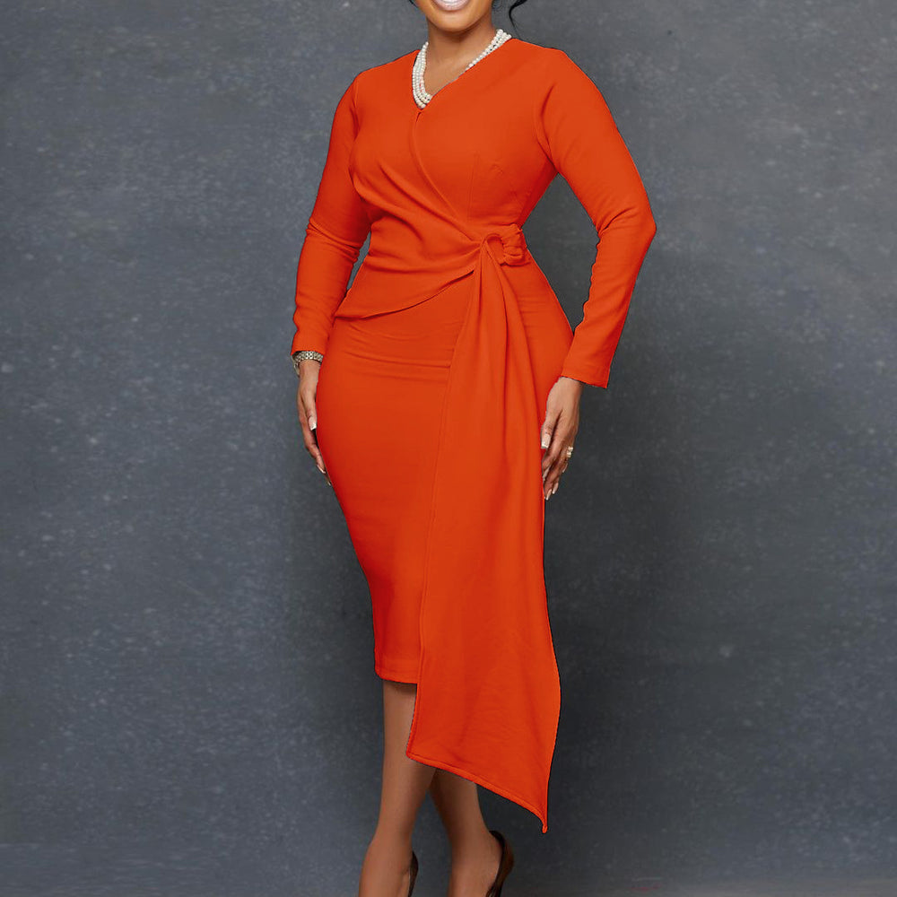 D302 european and american style women's  autumn foreign trade fashion plus size v-neck long sleeve elegant pencil skirt cross-border dress