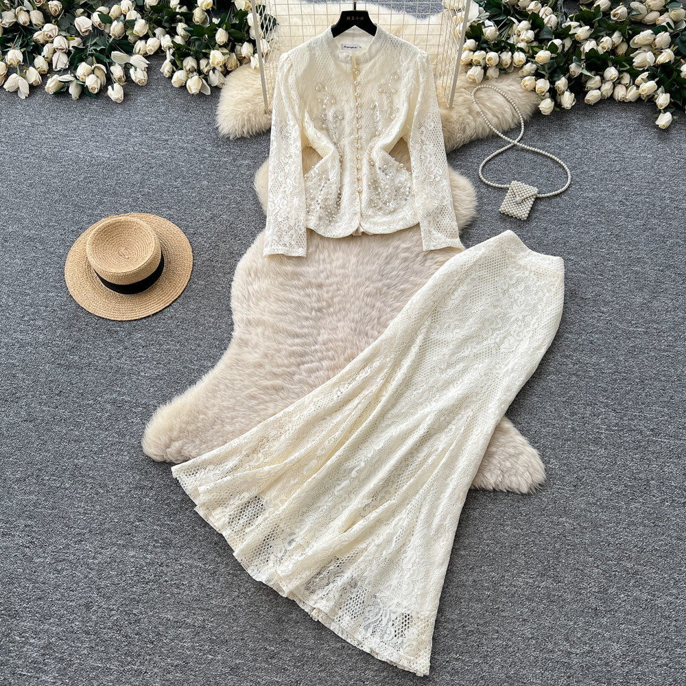 French chic beaded v-neck lace two-piece set - women's summer commute style, slim fit, high-end elegant outfit