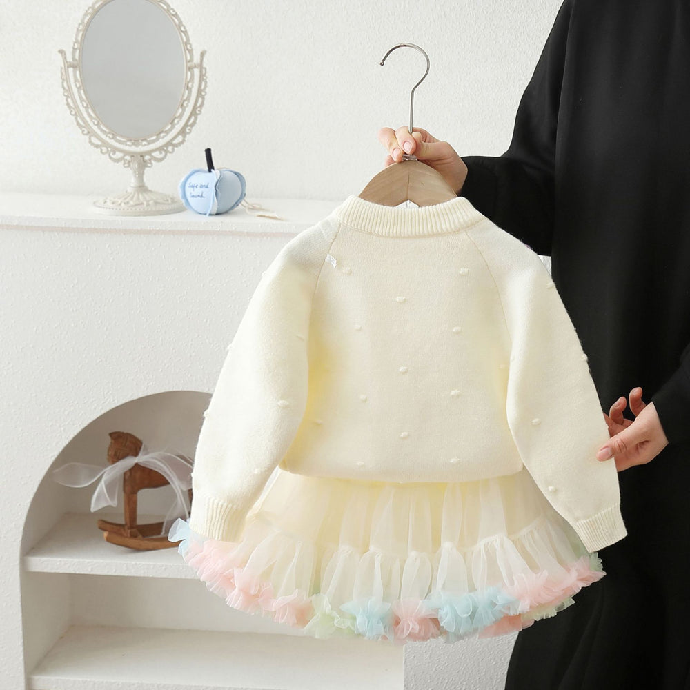 Girls' cardigan sweater princess dress two-piece set with embroidered floral tutu skirt - korean style knitted outfit for baby girls