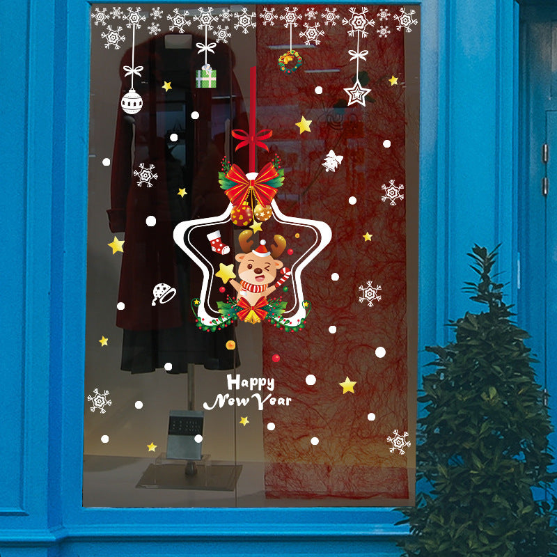 Christmas decoration glass door sticker window scene arrangement Christmas elk snowflake star hanging ring No glue static sticker