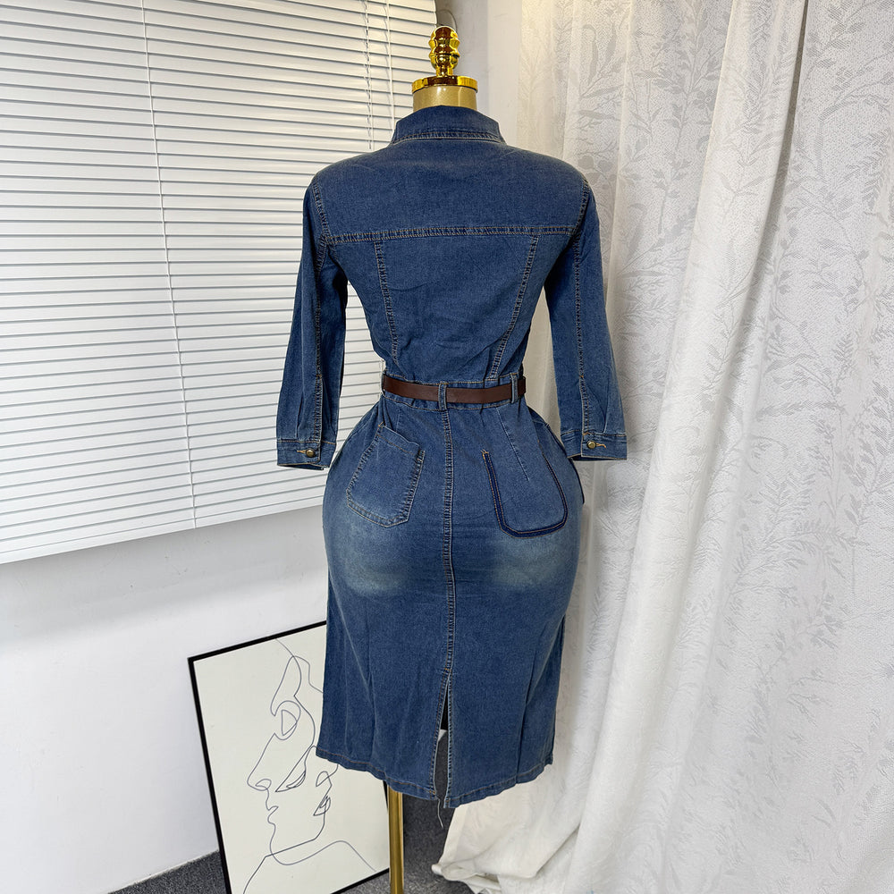 foreign trade autumnew arrivalshirt denim skirt women's retro h-shaped waist micro-elastic denim dress