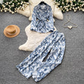 Lightly mature elegance style strappy v necktopshigh waistloose pantstwo-piece set female autumslimming look lazy fashionsuit