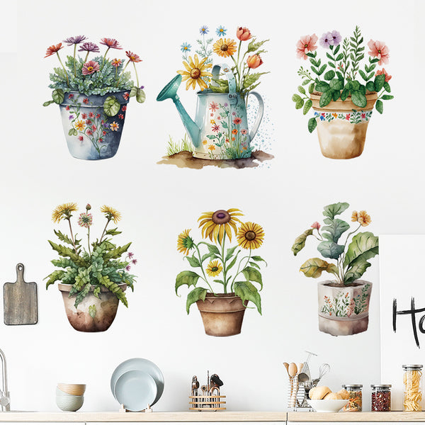 Watercolor flowerpot cartoon plant bedroom sofa background sticker daisy pastoral removable wall sticker animal wallpaper
