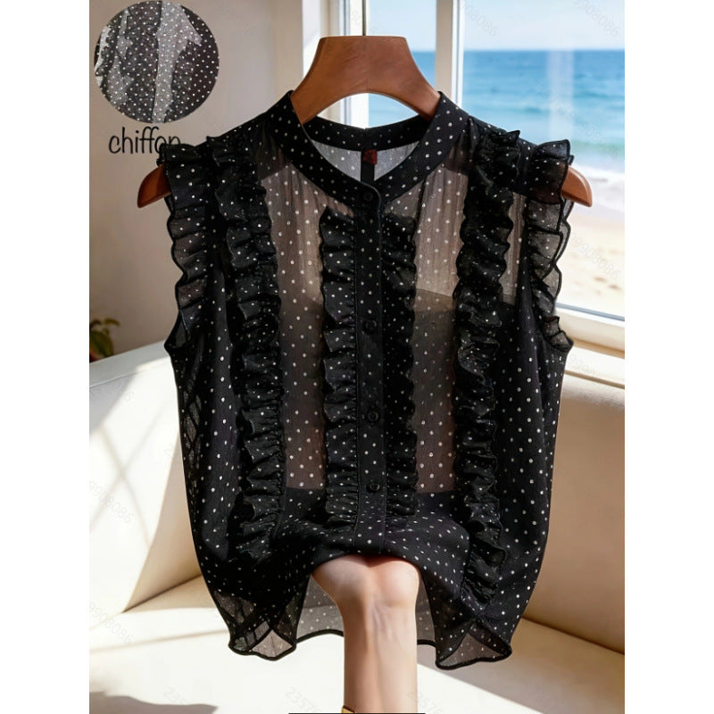 Women's summer new fashion elegant stand collar polka dot print sleeveless sheer blouse - perfect for office commuting