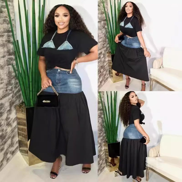 hot sale  European and American new fashion personalized splicing contrasting color T-shirt denim skirt set two-piece set women