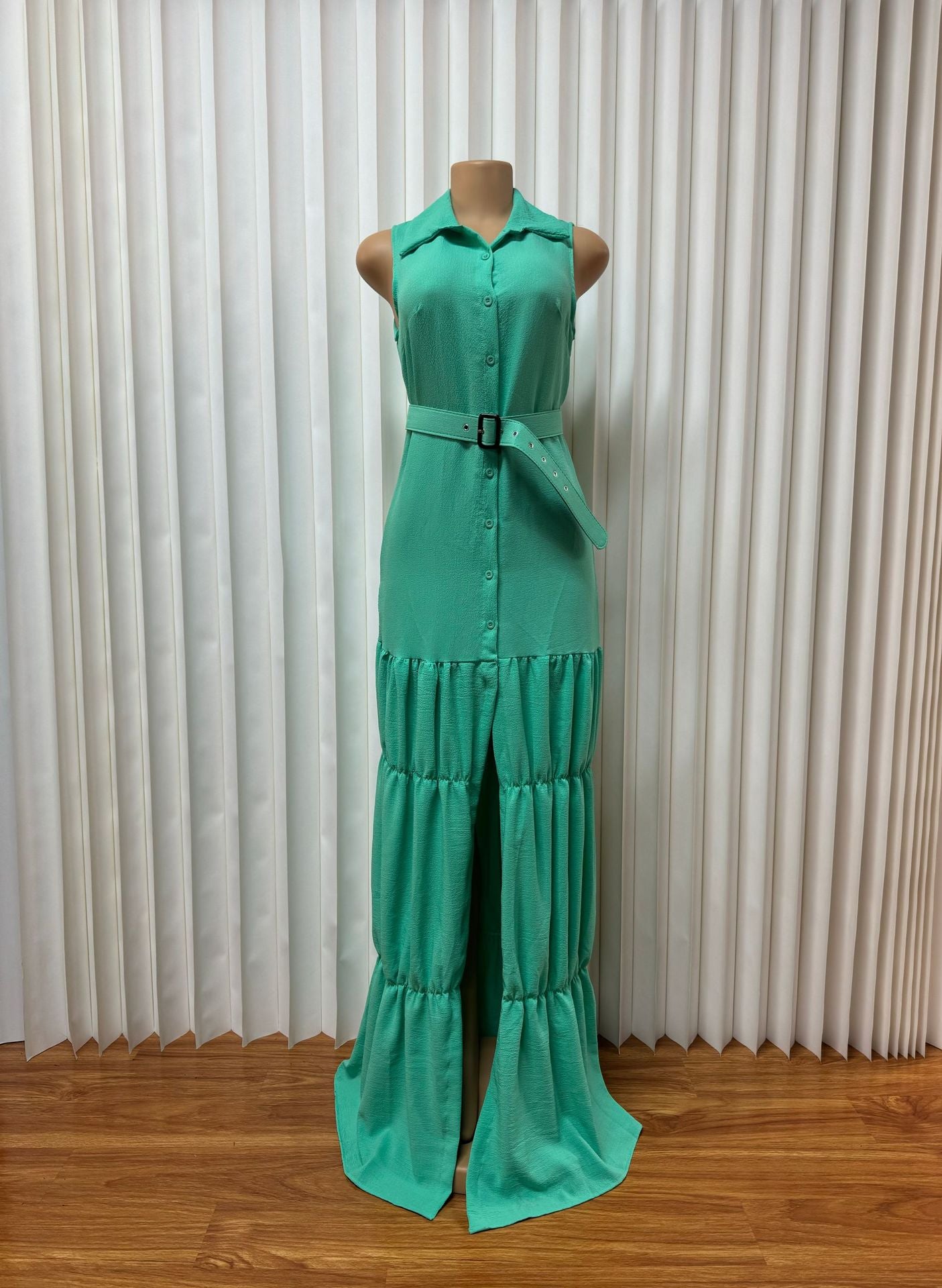 Europe and the United States  new women's clothing lapel cardigan sleeveless solid color temperament long dress with belt