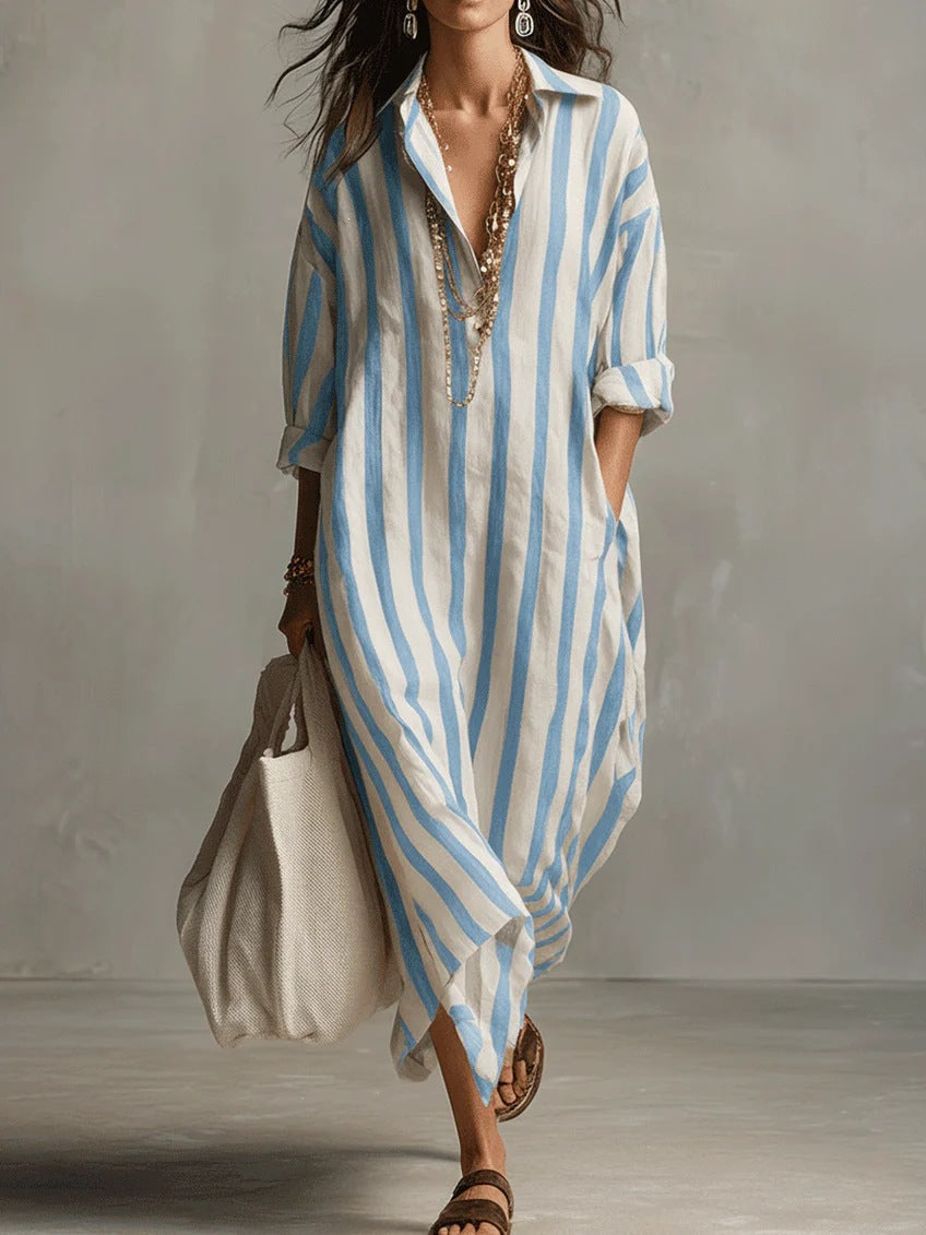european and american independent station cross-border fashionloosev necklongstripessummer nine-quarter sleeve women's shirtdress