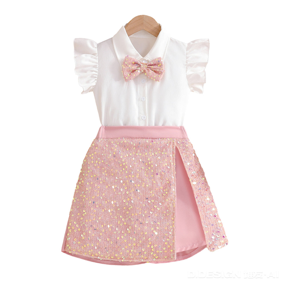 girls' summer skirt set: pink sequin skirt with flutter sleeves and bow tie – kids' sparkly skirt outfit
