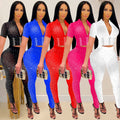 C6256 cross-border   fashion women's solid color mesh rhinestone short sleeve top and pants two-piece set