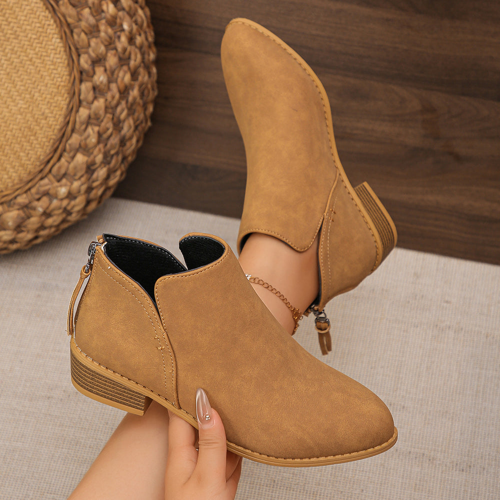 Fashionexportplus size leather boots women's boots pure colorslimming look pointed toe back zipper casualthick sole thick heel boots women's single