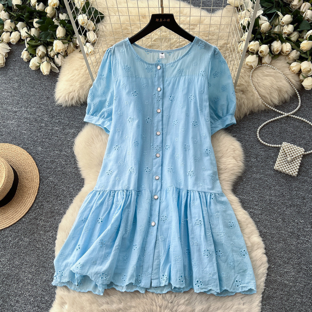 French chic yellow cutout embroidery dress - women's summer short sleeve a-line dress - elegant, slim-fit, and perfect for work